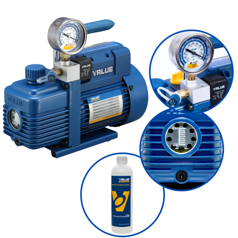 Pompa próżniowa VALUE V-i280SV 198 l./min dwustopniowa z elektrozaworem i wakuometrem — wynajem TechnikRent